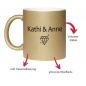 Preview: Glitzertasse "Gute Freunde sind wie Diamanten" mit Personalisierung auf der Rückseite. Füllmenge: ca. 330ml, gold, Besonderheiten auf einen Blick