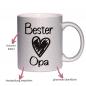 Preview: Glitzertasse mit Spruch Bester Opa, Handwäsche empfohlen, Druck beidseitig, Füllmenge ca. 330 ml, Beispiel silber, Besonderheiten