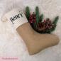 Preview: Nikolausstrumpf mit Wunschname, weihnachtliche Schrift, Weihnachtssocke mit Personalisierung aus Baumwolle und Jute, Produktansicht