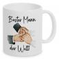 Preview: Weiße Tasse mit Schriftzug Bester Mann der Welt, beidseitig bedruckt, mit 2 Händen im Braut- und Bräutigam-Style, ca. 330 ml Volumen, Spülmaschinen- und Mikrowellengeeignet, Cover