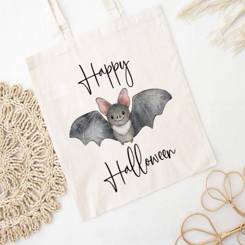 Baumwolltasche für Halloween mit niedlichem Fledermaus und Schriftzug Happy Halloween, Farbe: natur, Beispiel