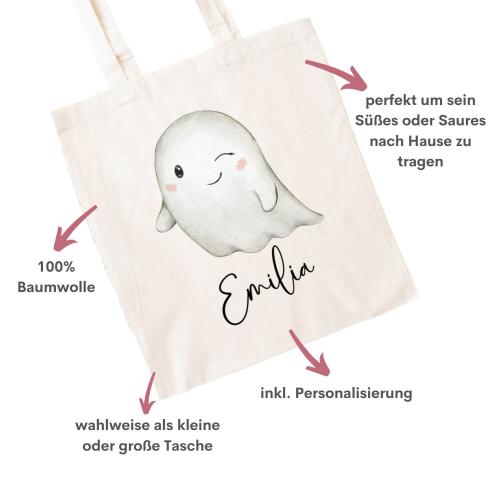 Baumwolltasche für Halloween mit niedlichem Gespenst und Wunschname. In 2 verschiedenen Größen erhältlich. Farbe: natur Besonderheiten auf einen Blick