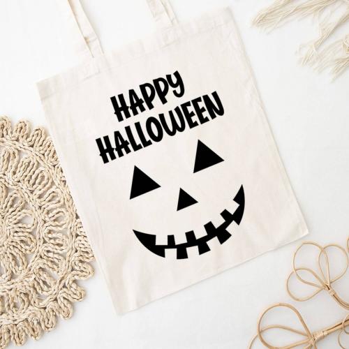 Baumwolltasche für Halloween, Happy Halloween und Kürbisgesicht, 2 verschiedene Größen und Farben, Personalisierung möglich, Beispiel: natur
