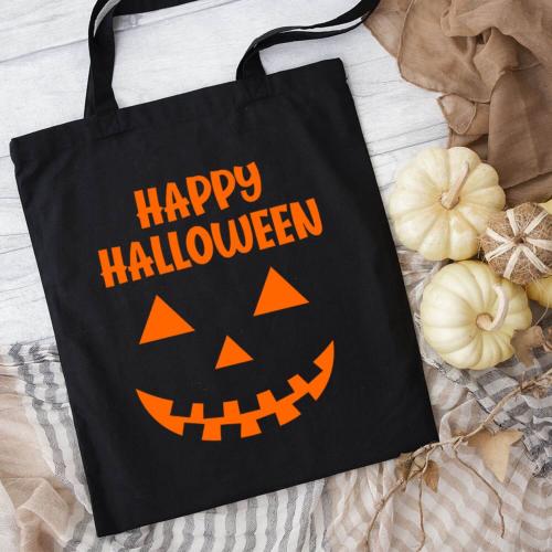Baumwolltasche für Halloween, Happy Halloween und Kürbisgesicht, 2 verschiedene Größen und Farben, Personalisierung möglich, Beispiel: schwarz