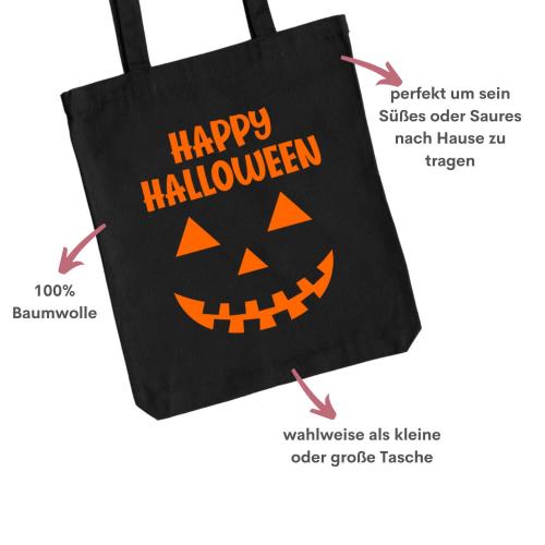Baumwolltasche für Halloween, Happy Halloween und Kürbisgesicht, Farbe: schwarz, Personalisierung möglich, Besonderheiten auf einen Blick