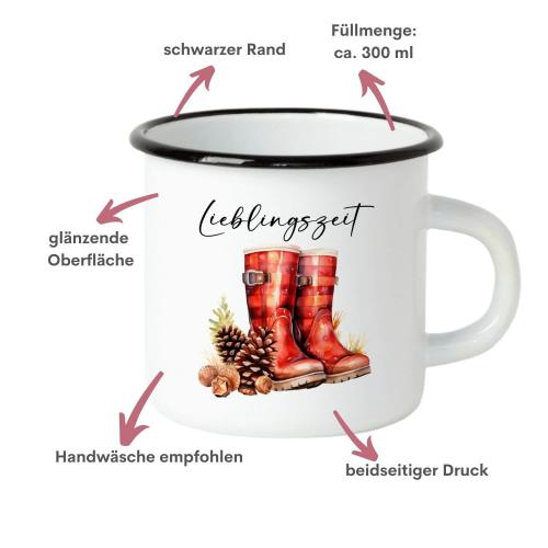 Emaille Tasse mit herbstlichen Design und Schriftzug Lieblingszeit, Füllmenge: ca. 300 ml, mit schwarzem Rand, Besonderheiten