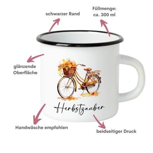 Emaille Tasse mit Herbstmotiv und Schriftzug Herbstzauber, Füllmenge: ca. 300 ml, mit schwarzem Rand, Besonderheiten