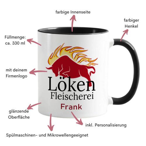 Firmentasse mit Logo und Personalisierung, in 4 Farben, Füllmenge: ca. 330 ml, Farbe: schwarz, Besonderheiten