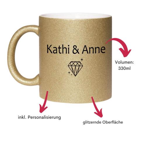 Glitzertasse "Gute Freunde sind wie Diamanten" mit Personalisierung auf der Rückseite. Füllmenge: ca. 330ml, gold, Besonderheiten auf einen Blick