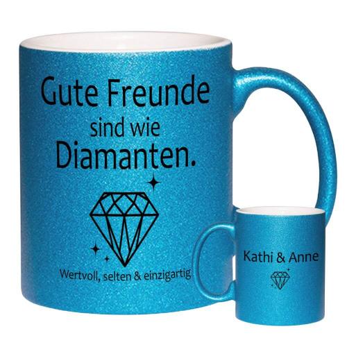 Glitzertasse "Gute Freunde sind wie Diamanten" mit Personalisierung auf der Rückseite. Füllmenge: ca. 330ml, blau