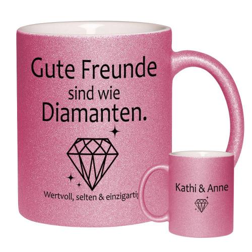 Glitzertasse "Gute Freunde sind wie Diamanten" mit Personalisierung auf der Rückseite. , Füllmenge: ca. 330ml, pink