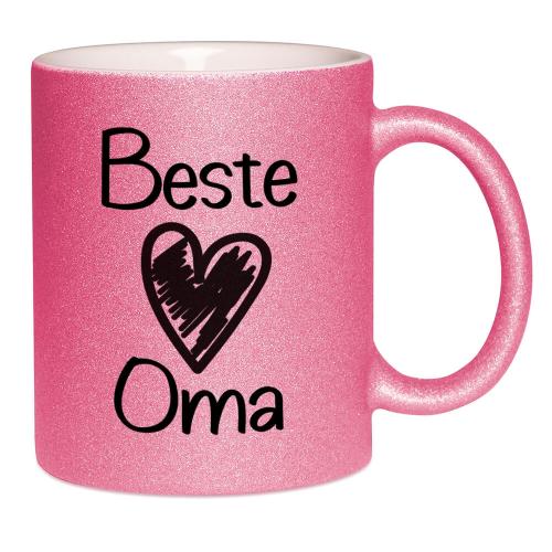 Glitzertasse mit Spruch Beste Oma, Füllmenge ca. 330 ml, Handspülung empfohlen, Druck beidseitig,  Beispiel pink