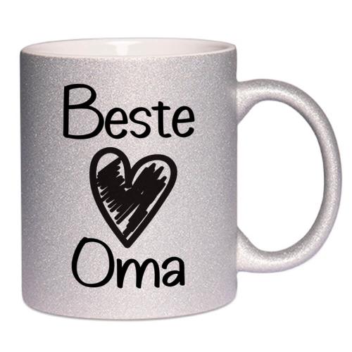 Glitzertasse mit Spruch Beste Oma, Füllmenge ca. 330 ml, Handspülung empfohlen, Druck beidseitig,  Beispiel silber