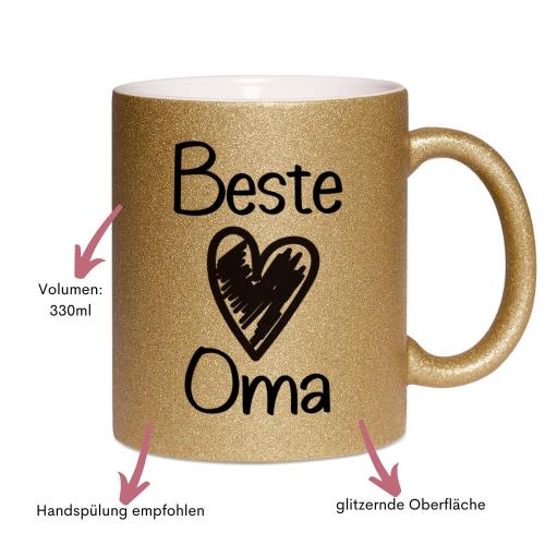 Glitzertasse mit Spruch Beste Oma, Füllmenge ca. 330 ml, Handspülung empfohlen, Druck beidseitig,  Beispiel gold, Besonderheiten