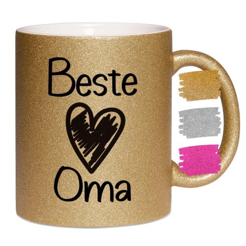 Glitzertasse mit Spruch Beste Oma, Füllmenge ca. 330 ml, Handspülung empfohlen, Druck beidseitig, Cover