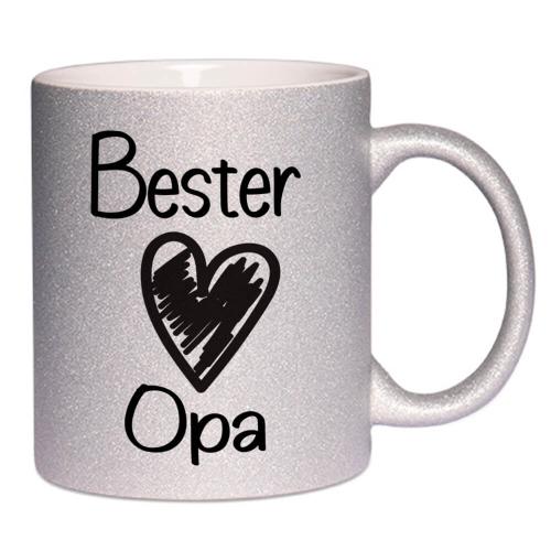 Glitzertasse mit Spruch Bester Opa, Handwäsche empfohlen, Druck beidseitig, Füllmenge ca. 330 ml, Beispiel silber