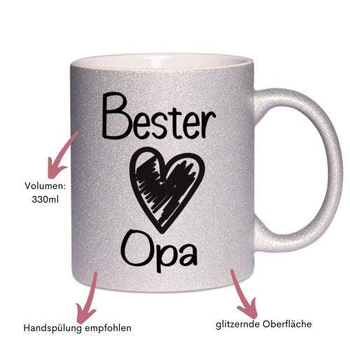 Glitzertasse mit Spruch Bester Opa, Handwäsche empfohlen, Druck beidseitig, Füllmenge ca. 330 ml, Beispiel silber, Besonderheiten