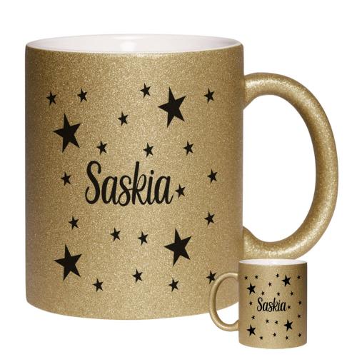 Glitzertasse mit Name und Sterne, Füllvolumen: ca. 330ml, 4 verschiedene Glitzerfarben. Farbe: gold