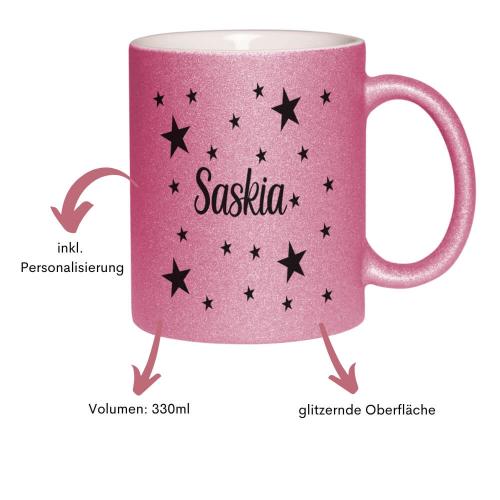 Glitzertasse mit Name und Sterne, Füllvolumen: ca. 330ml, 4 verschiedene Glitzerfarben. Farbe: pink, Besonderheiten der Tasse