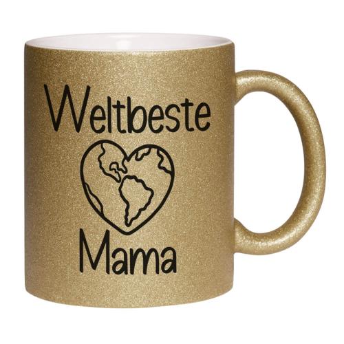 Glitzertasse Weltbeste Mama mit Herz, beidseitiger Druck, ca. 330 ml Füllmenge, Handwäsche empfohlen, Beispiel gold