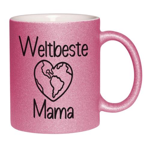 Glitzertasse Weltbeste Mama mit Herz, beidseitiger Druck, ca. 330 ml Füllmenge, Handwäsche empfohlen, Beispiel pink