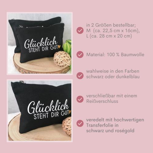 Kosmetiktasche, Kulturtasche mit Spruch Glücklich steht dir gut mit Rosé goldenes Herz, wahlweise in dunkelblau oder schwarz, Besonderheiten