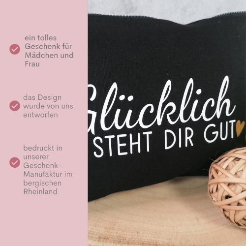 Kosmetiktasche, Kulturtasche mit Spruch Glücklich steht dir gut mit Rosé goldenes Herz, wahlweise in dunkelblau oder schwarz, in 2 Größen erhältlich, Produktbild