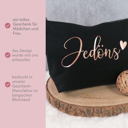 Kosmetiktasche, Kulturtasche mit Schriftzug Jedöns, wahlweise in dunkelblau oder schwarz, mit rosegoldene oder silberne Schrift, Vorschaubild rosegold Produktbild