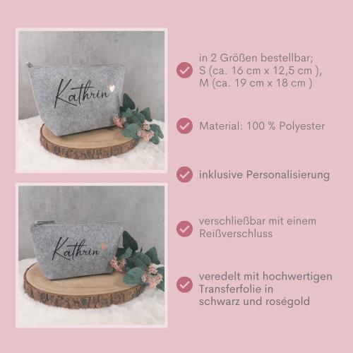 Personalisierte Kosmetiktasche aus Filz, Kulturtasche mit Wunschname und einem Rosé goldenes Herz, hellgrau meliert, in 2 Größen erhältlich, Besonderheiten
