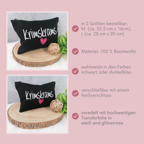 Kosmetiktasche, Kulturtasche mit Schriftzug Krimskrams mit Glitzerherz, wahlweise in dunkelblau oder schwarz, Besonderheiten