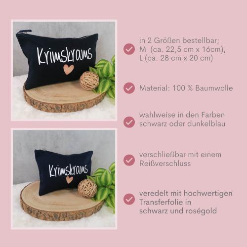 Kosmetiktasche, Kulturtasche mit Schriftzug Krimskrams mit rosegoldenes, wahlweise in dunkelblau oder schwarz, Besonderheiten