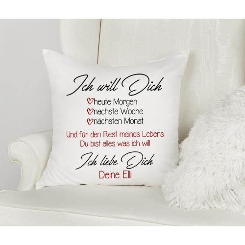 Weißes Kissen mit flauschiger Oberfläche, Text auf Kissen "Ich will dich" Liebeserklärung mit Personalisierung. Größe: 40cm x 40cm, inkl. Kissenfüllung, Dekorationsvorschlag