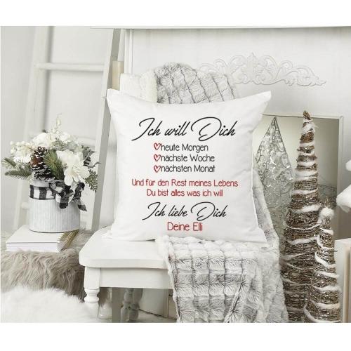 Weißes Kissen mit flauschiger Oberfläche, Text auf Kissen "Ich will dich" Liebeserklärung mit Personalisierung. Größe: 40cm x 40cm, inkl. Kissenfüllung, weiterer Dekorationsvorschlag