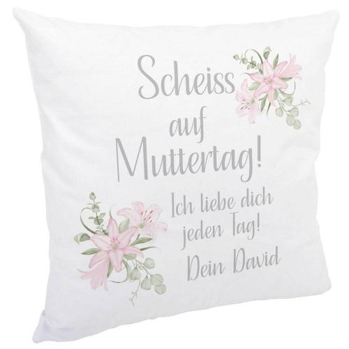 Kuschelkissen "Scheiss auf Muttertag", inkl. Personalisierung und Kissenfüllung, Variante: grau