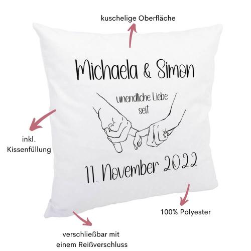 Weißes kuschliges Kissen mit Spruch "Unendliche Liebe" mit Personalisierung, Kissengröße 40cm x 40cm, mit Kissenfüllung, Besonderheiten