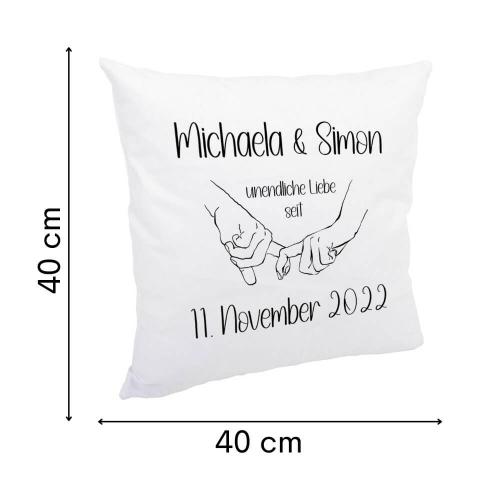 Weißes kuschliges Kissen mit Spruch "Unendliche Liebe" mit Personalisierung, Kissengröße 40cm x 40cm, mit Kissenfüllung, Größe