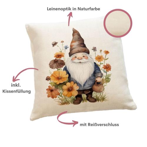 Kissen aus Leinen mit einem herbstlichen Gnome-Aufdruck, 40 cm x 40 cm, inkl. Kissenfüllung, Besonderheiten