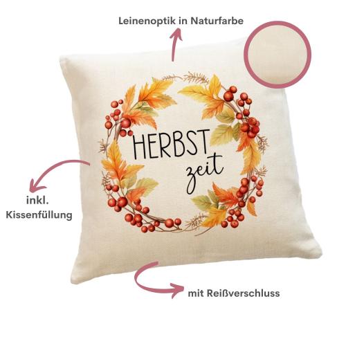 Kissen aus Leinen mit einem herbstlichen Aufdruck und Herbstzeit, 40 cm x 40 cm, inkl. Kissenfüllung, Besonderheiten