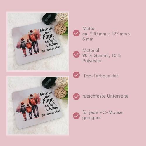 Mousepad mit Sprich "Glück ist einen Papa wie dich zu haben" Variante Papa, Mädchen und Junge, Besonderheiten