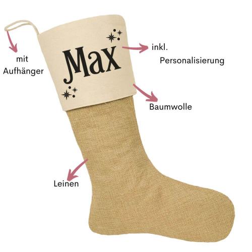 Nikolausstrumpf mit Wunschname, festliche Schrift, Weihnachtssocke mit Personalisierung aus Baumwolle und Leinen, Besonderheiten