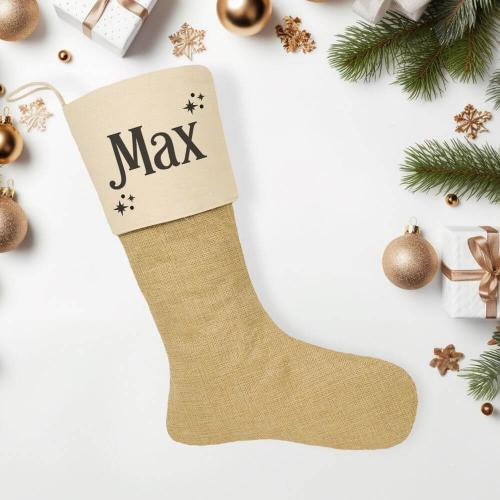 Nikolausstrumpf mit Wunschname, festliche Schrift, Weihnachtssocke mit Personalisierung aus Baumwolle und Leinen