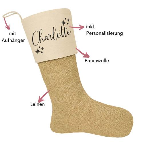 Nikolausstrumpf mit Wunschname, eleganter Schrift, Weihnachtssocke mit Personalisierung aus Baumwolle und Leinen, Besonderheiten