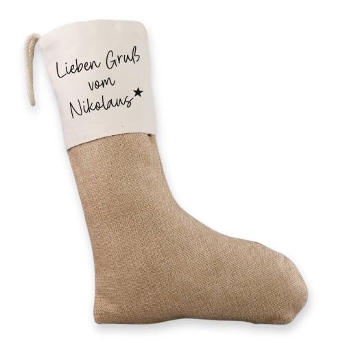 Nikolausstrumpf aus Jute mit Spruch Lieben Gruß vom Nikolaus, wiederverwendbare Geschenkverpackung