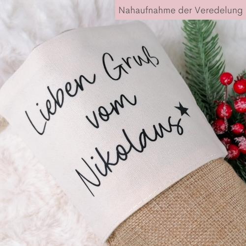 Nikolausstrumpf aus Jute mit Spruch Lieben Gruß vom Nikolaus, wiederverwendbare Geschenkverpackung, Nahaufnahme