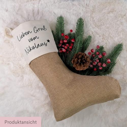 Nikolausstrumpf aus Jute mit Spruch Lieben Gruß vom Nikolaus, wiederverwendbare Geschenkverpackung,  Produktansicht
