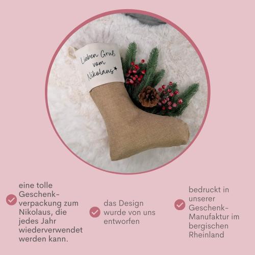 Nikolausstrumpf aus Jute mit Spruch Lieben Gruß vom Nikolaus, wiederverwendbare Geschenkverpackung, Produktbild