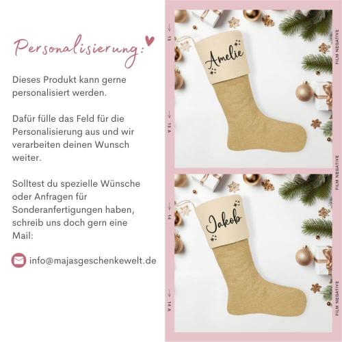 Nikolausstrumpf mit Wunschname, Weihnachtssocke mit Personalisierung aus Baumwolle und Leinen, Personalisierung
