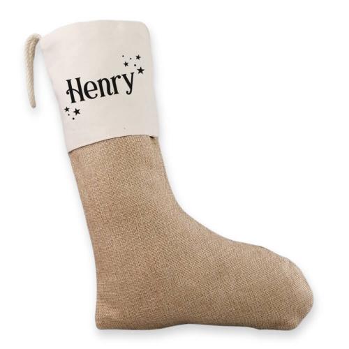 Nikolausstrumpf mit Wunschname, weihnachtliche Schrift, Weihnachtssocke mit Personalisierung aus Baumwolle und Jute