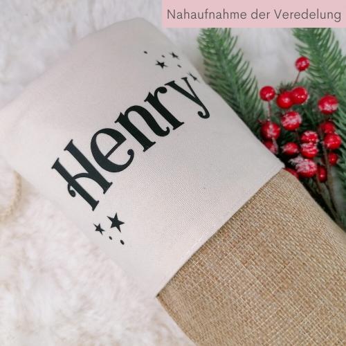 Nikolausstrumpf mit Wunschname, weihnachtliche Schrift, Weihnachtssocke mit Personalisierung aus Baumwolle und Jute, Nahaufnahme