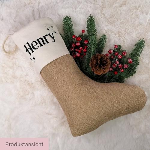 Nikolausstrumpf mit Wunschname, weihnachtliche Schrift, Weihnachtssocke mit Personalisierung aus Baumwolle und Jute, Produktansicht